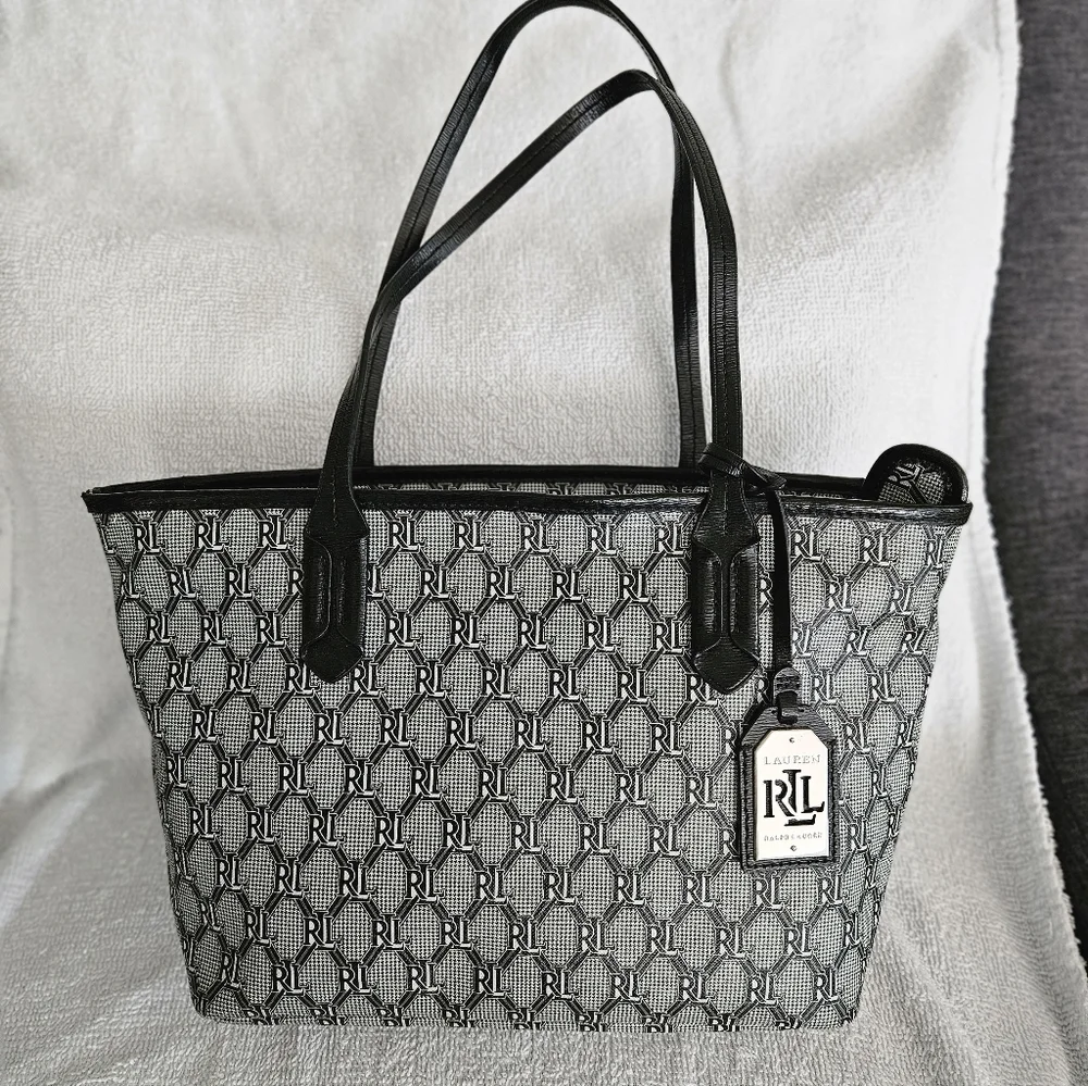 Ralph Lauren Signature Monogram Black and White Tote - Picture 1 of 10